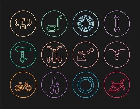 Set line Bicycle frame, handlebar, ball bearing, for kids, seat, brake and pedal Stock Illustration