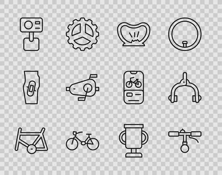 Set line Bicycle frame, handlebar, punctured tire, Action extreme camera, pedals Stock-Illustration