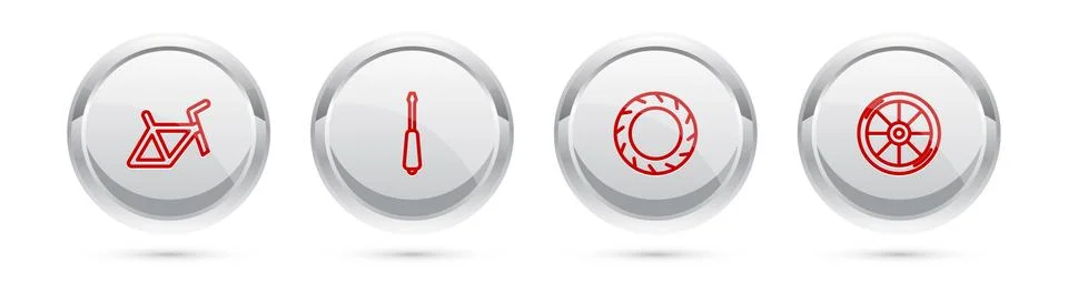 Set line Bicycle frame, Screwdriver, wheel tire and . Silver circle button Stock Illustration