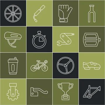 Set line Bicycle frame, shoes, pedal, Gloves, Stopwatch, helmet, wheel and Swiss Stock-Illustration
