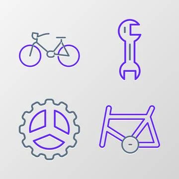 Set line Bicycle frame, sprocket crank, Wrench spanner and  icon. Vector Stock Illustration