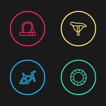 Set line Bicycle frame, wheel tire, seat and lock icon. Vector Illustrazione stock