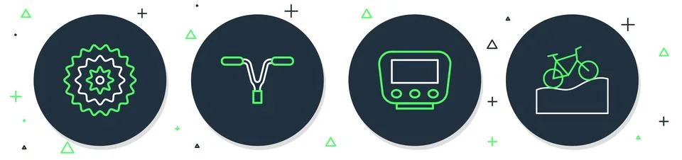 Set line Bicycle handlebar, speedometer, cassette and Mountain bicycle icon.. イラスト素材
