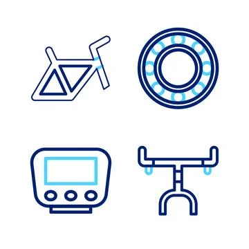 Set line Bicycle handlebar, speedometer, ball bearing and frame icon. Vector Illustration