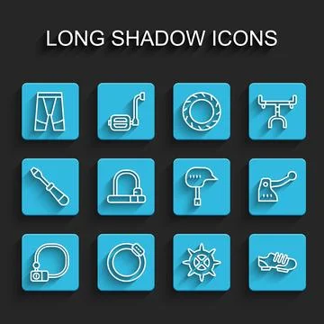 Set line Bicycle lock, brake disc, Cycling shorts, sprocket crank, shoes, and Stock Illustration