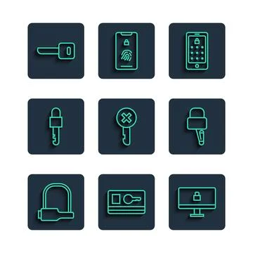 Set line Bicycle lock, Key card, Lock on computer monitor, Mobile and graphic Stock Illustration