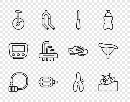 Set line Bicycle lock, Mountain bicycle, Screwdriver, pedal, Unicycle or one Stock Illustration