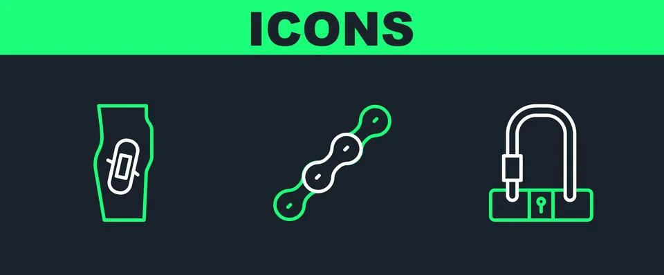 Set line Bicycle lock, Plaster on leg and chain icon. Vector Stock Illustration