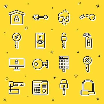 Set line Bicycle lock, Wrong key, Car with remote, Broken or cracked, Eye scan Stock Illustration