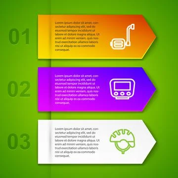Set line Bicycle pedal, speedometer and helmet. Business infographic template 스톡 일러스트
