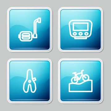 Set line Bicycle pedal, speedometer, seat and Mountain bicycle icon. Vector Stock Illustration