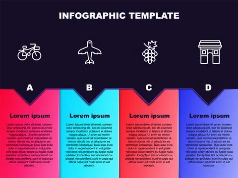 Set line Bicycle, Plane, Grape fruit and Triumphal Arch. Business infographic Stock Illustration