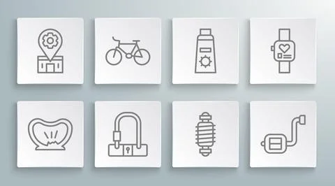 Set line Bicycle punctured tire, lock, suspension, pedal, Sunscreen cream i.. Stock Illustration