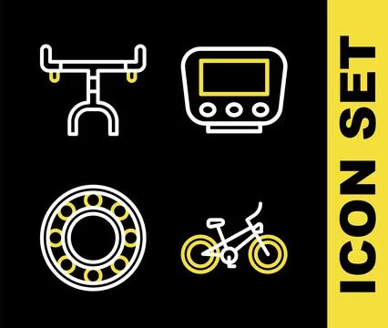 Set line Bicycle speedometer, ball bearing and handlebar icon. Vector Stock Illustration
