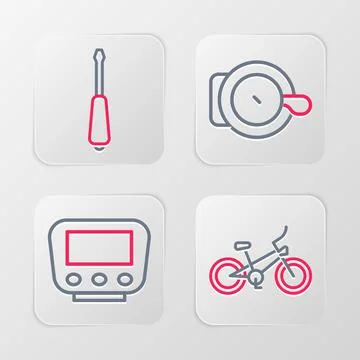 Set line Bicycle, speedometer, bell and Screwdriver icon. Vector Stock Illustration