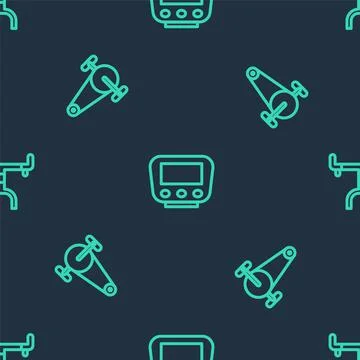 Set line Bicycle speedometer, chain with gear and handlebar on seamless pattern Stock Illustration