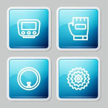 Set line Bicycle speedometer, Gloves, wheel and cassette icon. Vector 스톡 일러스트