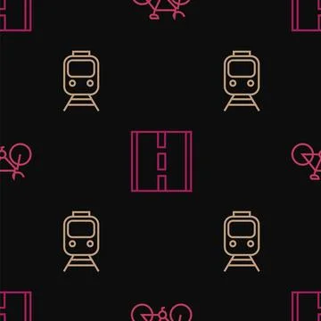 Set line Bicycle, Train and railway and Road on seamless pattern. Vector Illustrazione stock
