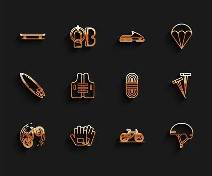 Set line Bicycle trick, Gloves, Skateboard, Helmet, Life jacket, Pegs for t.. Stock Illustration