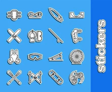 Set line Bicycle trick, wheel, Knee pads, Surfboard, Diving mask and aqualu.. Stock Illustration