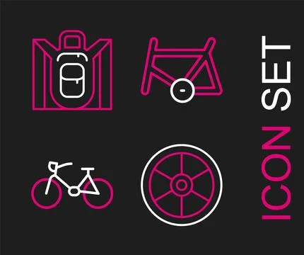 Set line Bicycle wheel, frame and Hiking backpack icon. Vector Ilustración de archivo