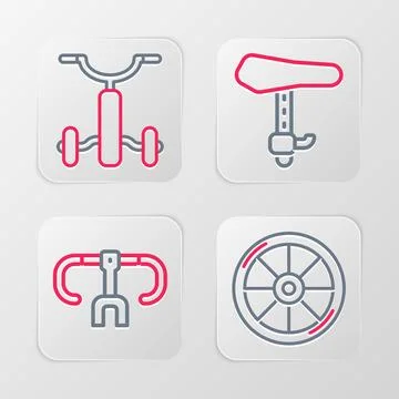 Set line Bicycle wheel, handlebar, seat and for kids icon. Vector Ilustración de archivo