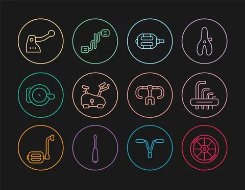 Set line Bicycle wheel, Tool allen keys, pedal, Stationary bicycle, bell, brake Stock Illustration