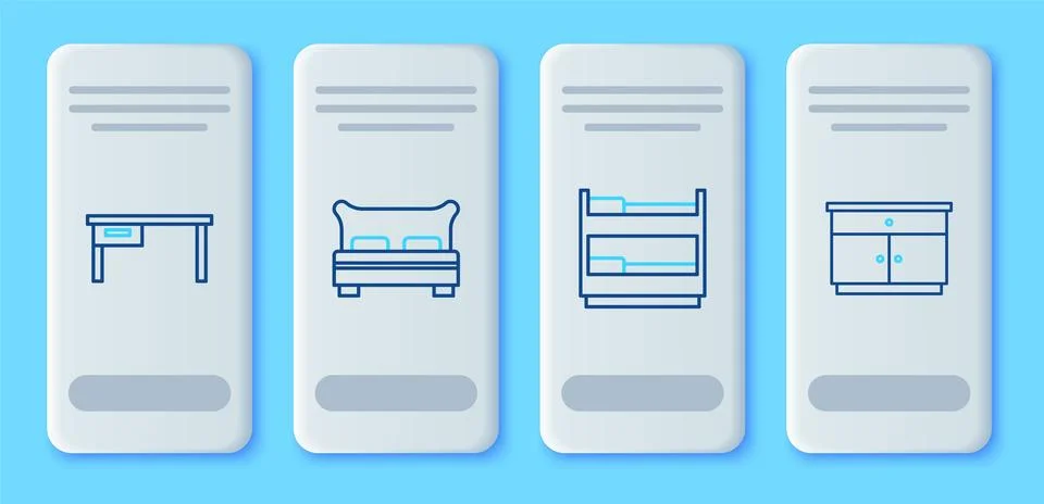 Set line Big bed, Bunk, Office desk and Furniture nightstand icon. Vector Stock Illustration