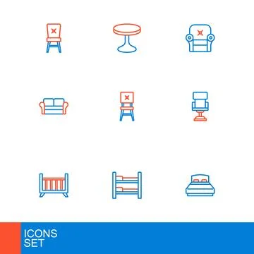 Set line Big bed, Bunk, Baby crib cradle, Office chair, Sofa, Chair, Armcha.. Ilustración de archivo
