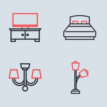 Set line Big bed, Chandelier, Floor lamp and TV table stand icon. Vector Illustrazione stock
