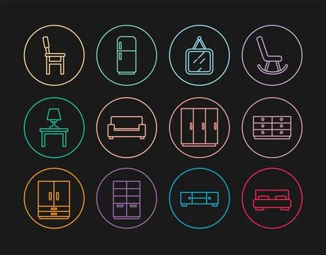 Set line Big bed, Chest of drawers, Mirror, Sofa, Table lamp on table, Chai.. Illustrazione stock