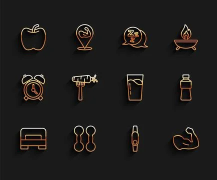 Set line Big bed, Dumbbell, Apple, Smartwatch, Bodybuilder muscle, Carrot o.. Illustrazione stock