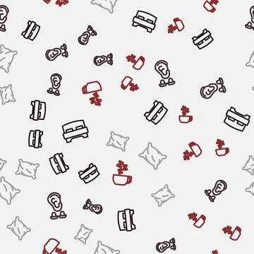 Set line Big bed, Earplugs and ear, Pillow and Chamomile tea on seamless pattern Stock Illustration