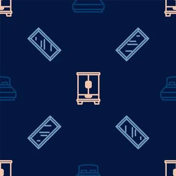 Set line Big bed, full length mirror and Wardrobe on seamless pattern. Vector Stock Illustration