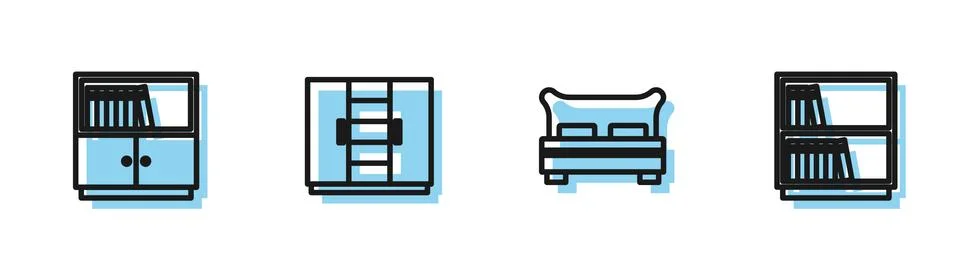 Set line Big bed, Library bookshelf, Wardrobe and icon. Vector Stock Illustration