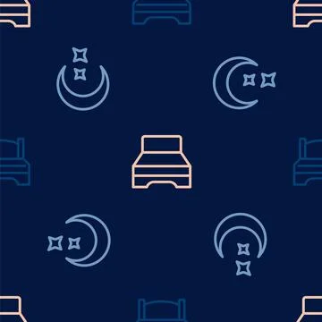 Set line Big bed, Moon and stars and on seamless pattern. Vector 스톡 일러스트