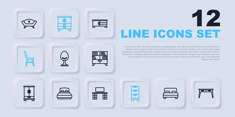 Set line Big bed, Office desk, Armchair, Chest of drawers, Chair,  and  ico.. Stock Illustration