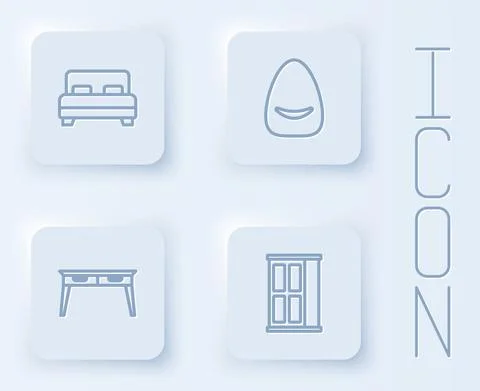 Set line Big bed, Pouf, Office desk and Wardrobe. White square button. Vector Stock Illustration