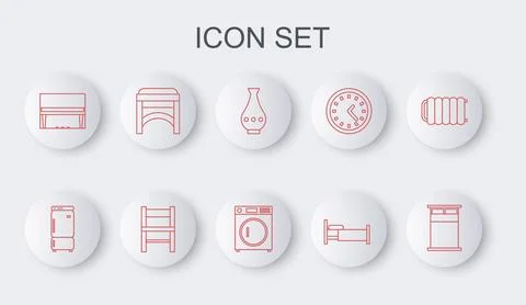 Set line Big bed, Refrigerator, Vase, Bed, Grand piano, Chair,  and Washer .. Illustrazione stock