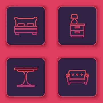 Set line Big bed, Round table, Furniture nightstand with lamp and Sofa. Blu.. Stock Illustration