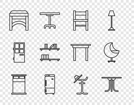 Set line Big bed, Round table, Chair, Refrigerator, Shelf with books, Coat .. Stock Illustration