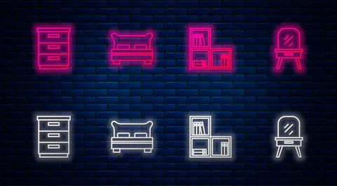 Set line Big bed, Shelf with books, Furniture nightstand and Dressing table Illustrazione stock