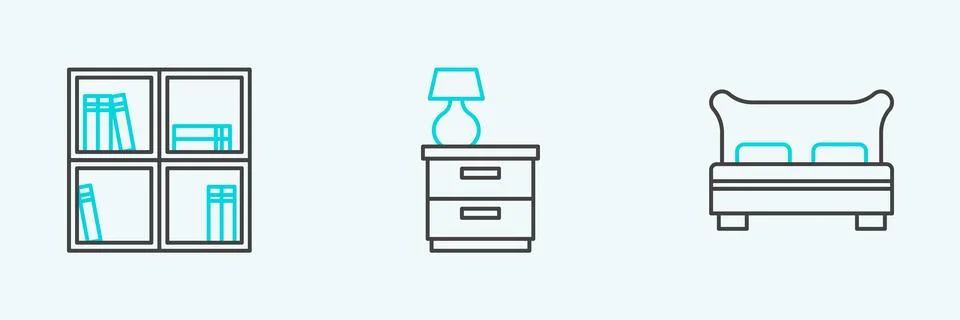Set line Big bed, Shelf with books and Furniture nightstand lamp icon. Vector Illustrazione stock