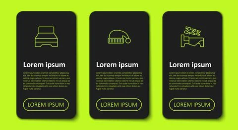 Set line Big bed, Sleeping hat and Time to sleep. Business infographic template Illustrazione stock