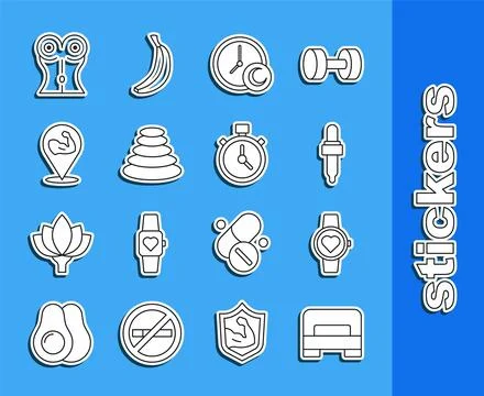 Set line Big bed, Smart watch, Pipette with oil, Time to sleep, Stack hot stones 스톡 일러스트