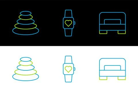 Set line Big bed, Stack hot stones and Smart watch icon. Vector Stock Illustration