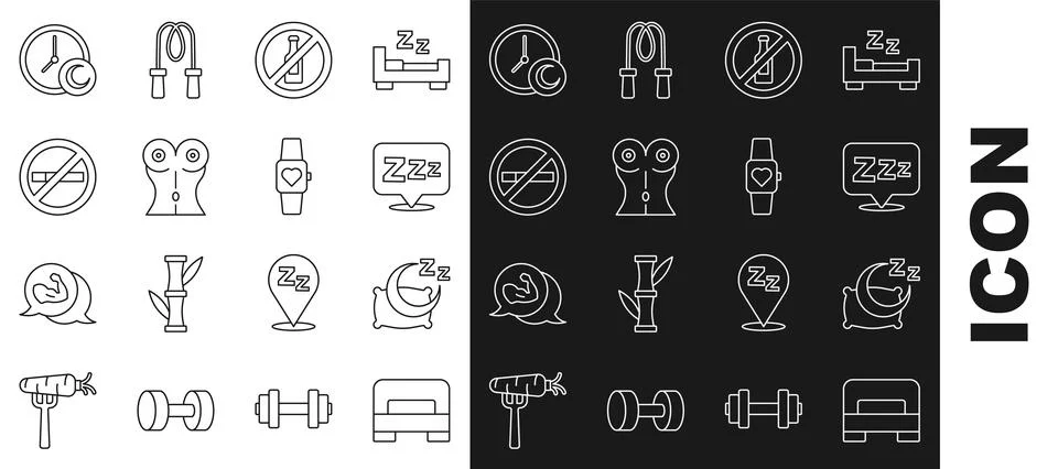 Set line Big bed, Time to sleep, Sleepy, No alcohol, Women waist, Smoking,  a Illustrazione stock
