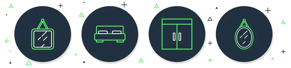 Set line Big bed, Wardrobe, Mirror and icon. Vector Illustrazione stock
