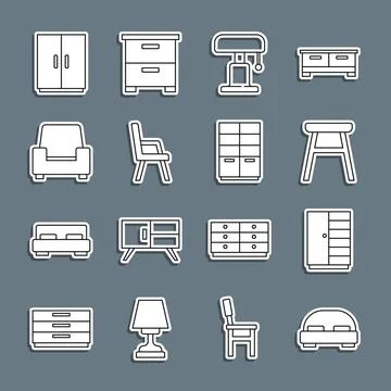 Set line Big bed, Wardrobe, Chair, Table lamp, Armchair,  and  icon. Vector Stock Illustration