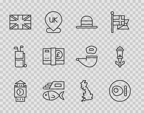 Set line Big Ben tower, British breakfast, Elegant women hat, Fish and chips Stock Illustration
